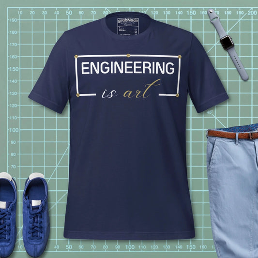 Navy minimalist t-shirt featuring "ENGINEERING IS ART" technical typography design.