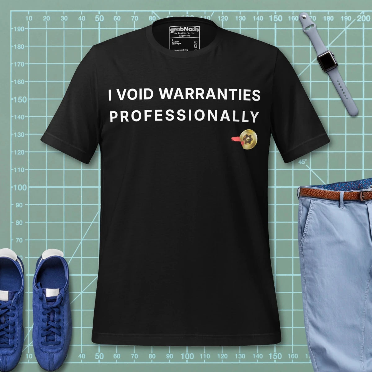 Black t-shirt featuring "I Void Warranties Professionally" text for R&D engineers.