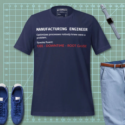 Navy t-shirt with "Manufacturing Engineer" definition featuring OEE and root cause terminology.