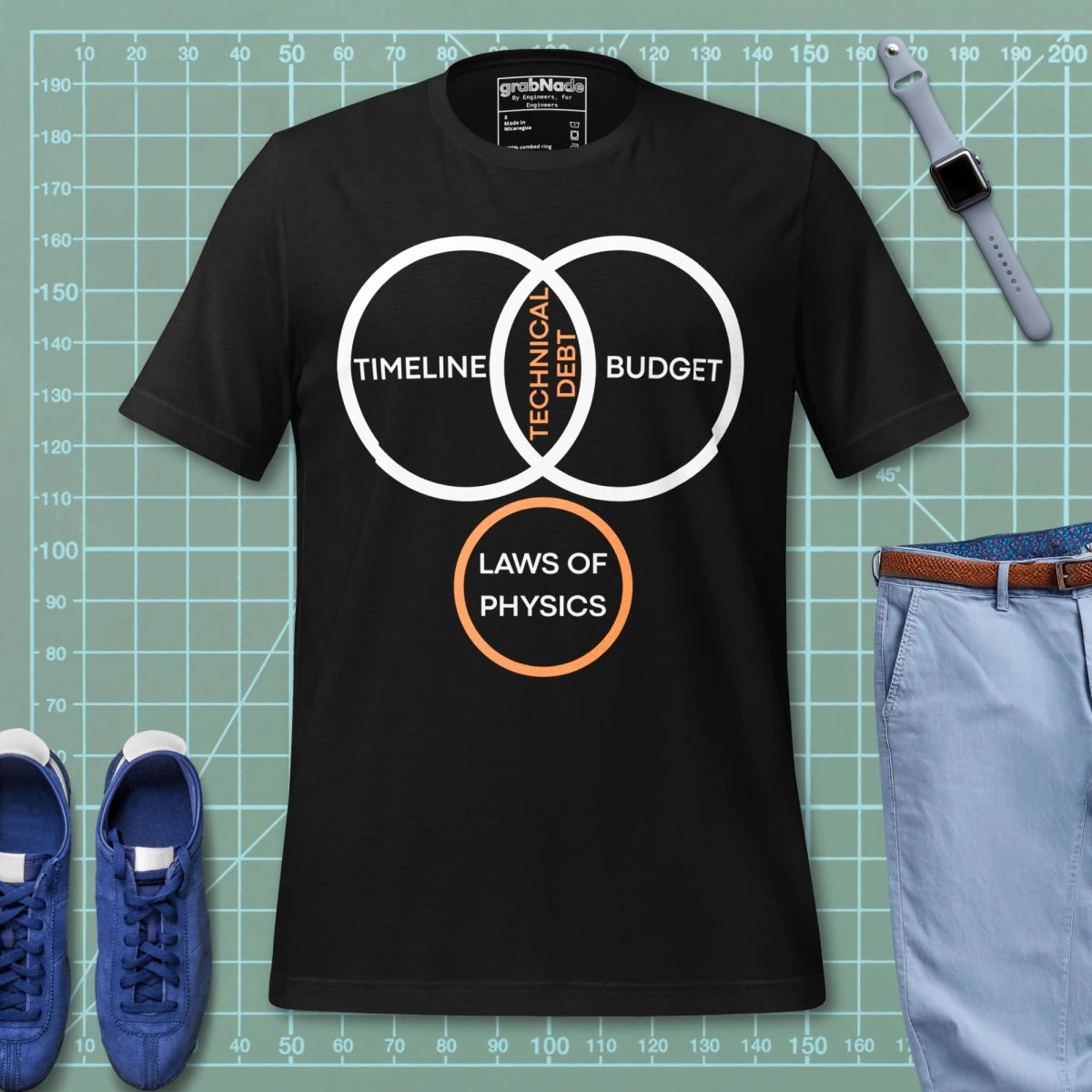 Black t-shirt featuring a project management Venn diagram about technical debt and physics.