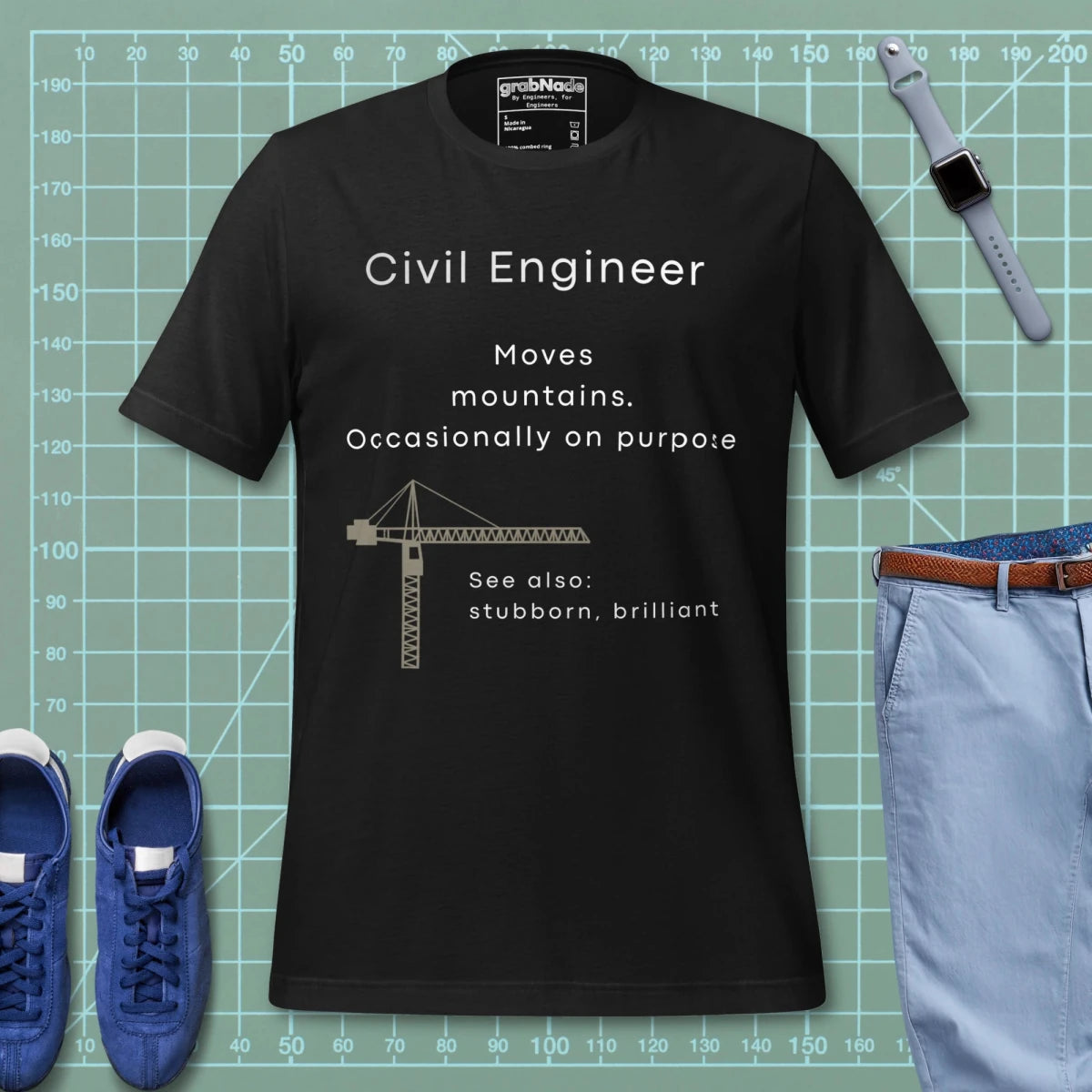 Black t-shirt with "Civil Engineer. Moves mountains" definition and a technical crane graphic.