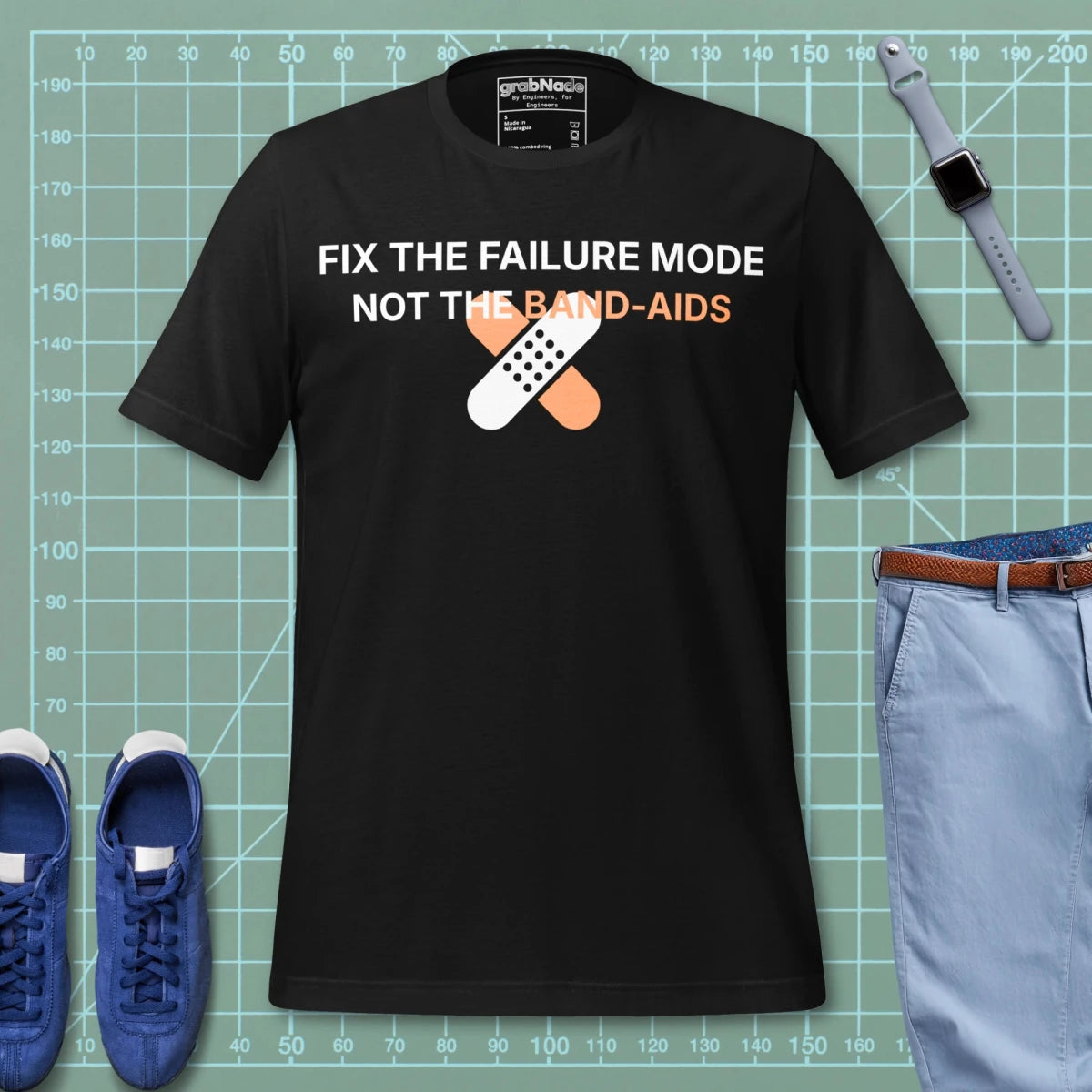 Black t-shirt with "Fix the failure mode. Not the band-aids" text. For engineers & techniciens.