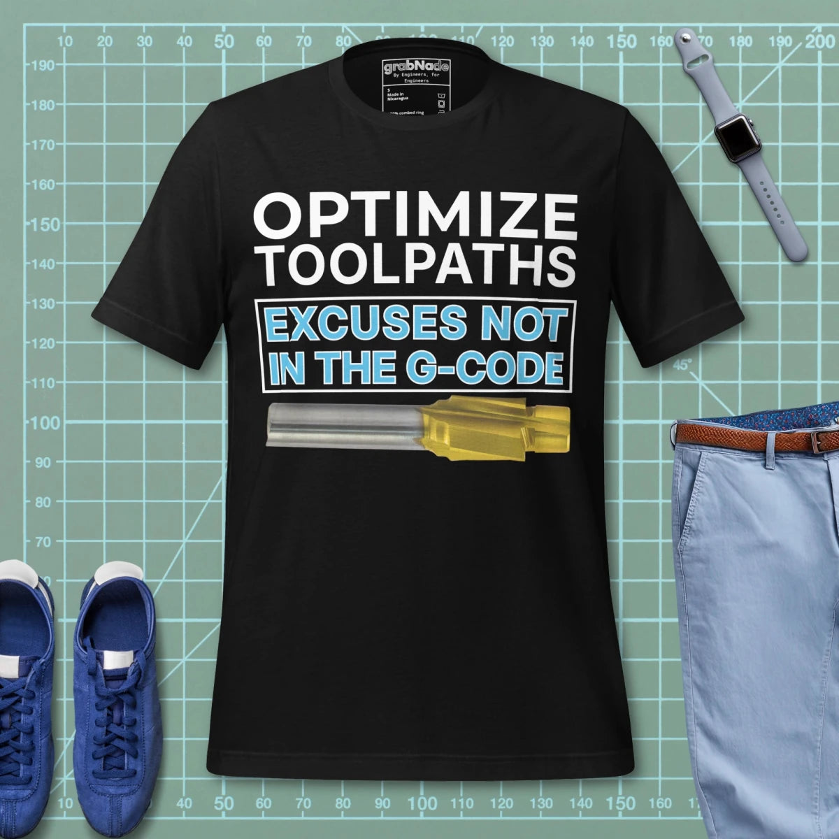 Black t-shirt with "Optimize tool paths. Excuses not in the G-code" text for CNC machinists.