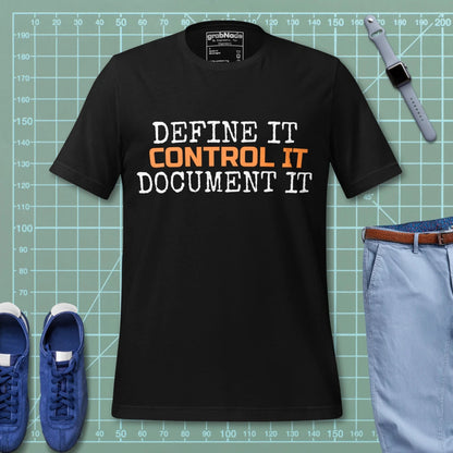Black t-shirt featuring the text "Define It. Control It. Document It" for QA engineers.
