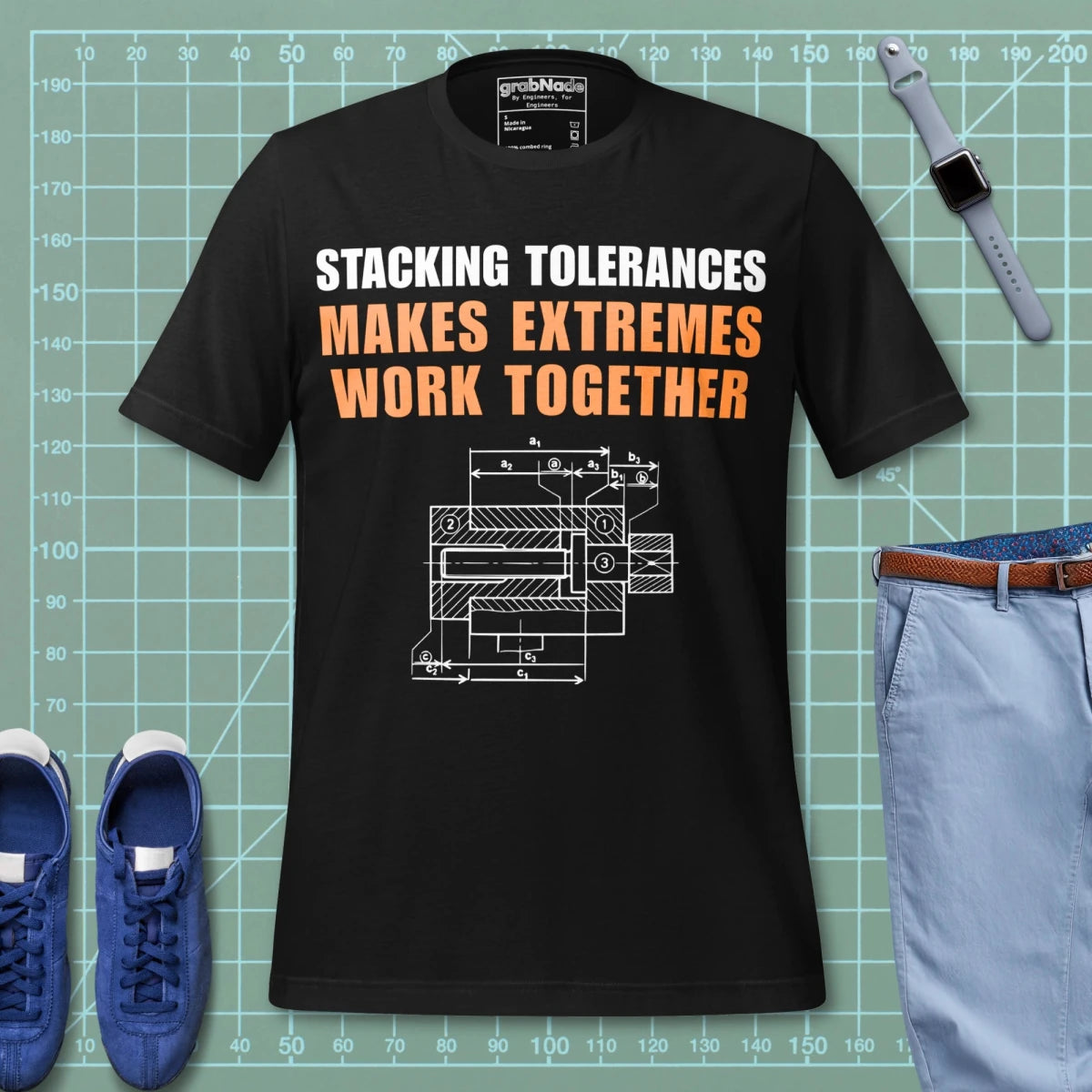 Black t-shirt featuring a CAD blueprint graphic and stacking tolerances text for engineers.