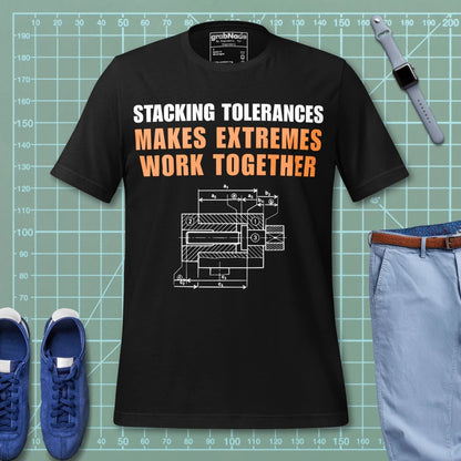 Black t-shirt featuring a CAD blueprint graphic and stacking tolerances text for engineers.