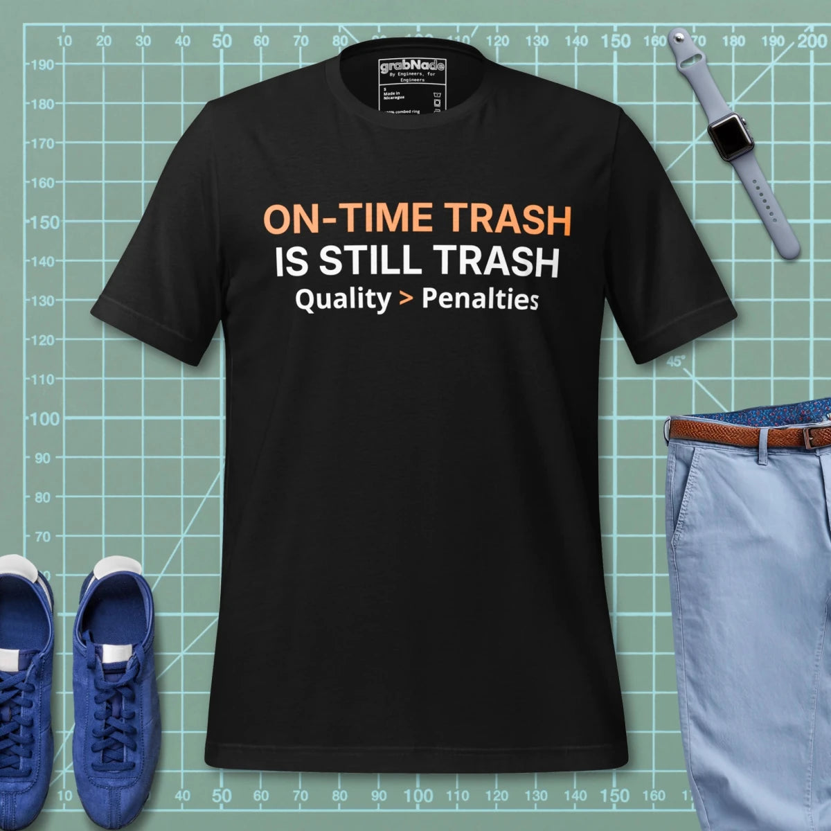 Black t-shirt featuring "ON-TIME Trash is still Trash" for manufacturing and quality engineers.