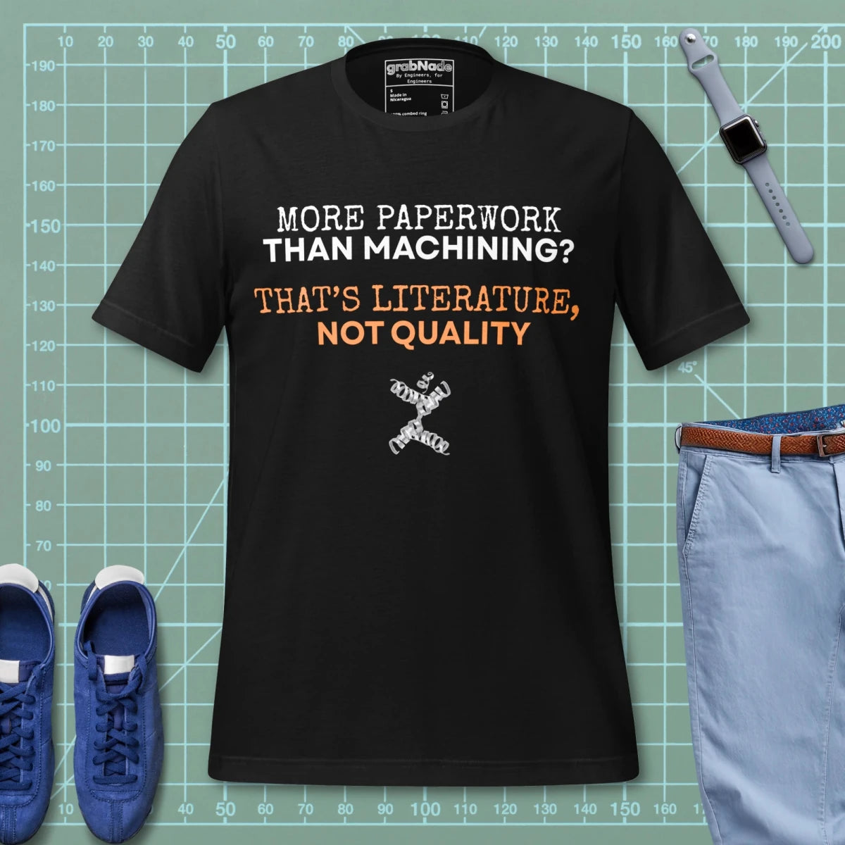 Black t-shirt "Paperwork over machining is literature, not quality", for CNC machinists.