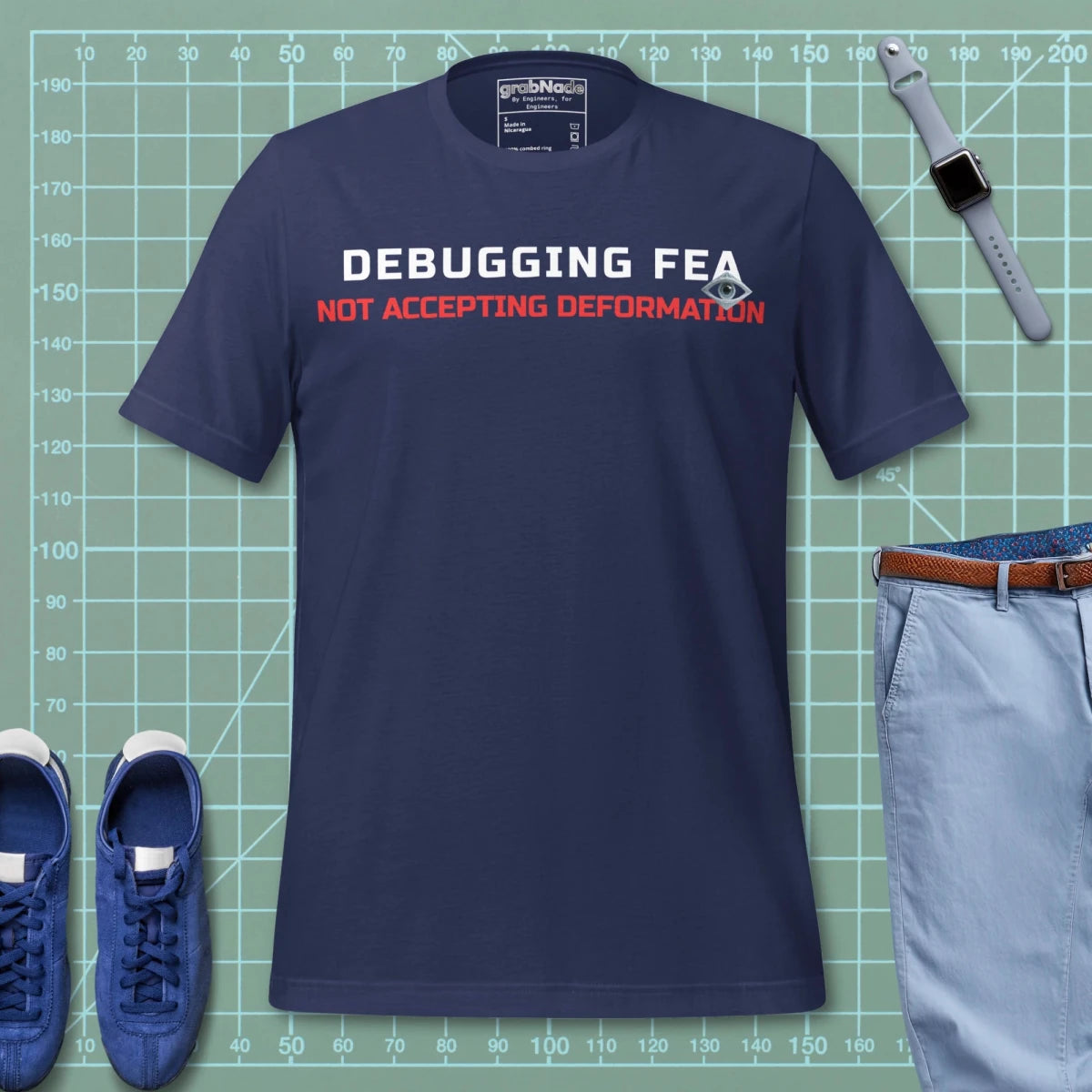 Navy premium t-shirt featuring the text "Debugging FEA. Not accepting deformation" designed for mechnical & aerospace engineers.