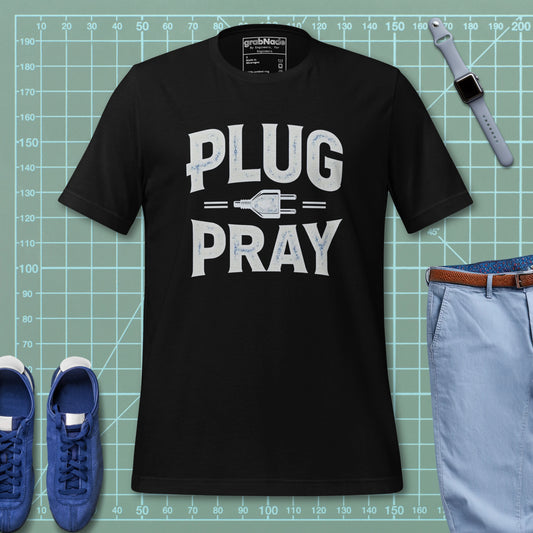 Black T-shirt with ‘Plug Pray’ text and plug icon for electrical engineers