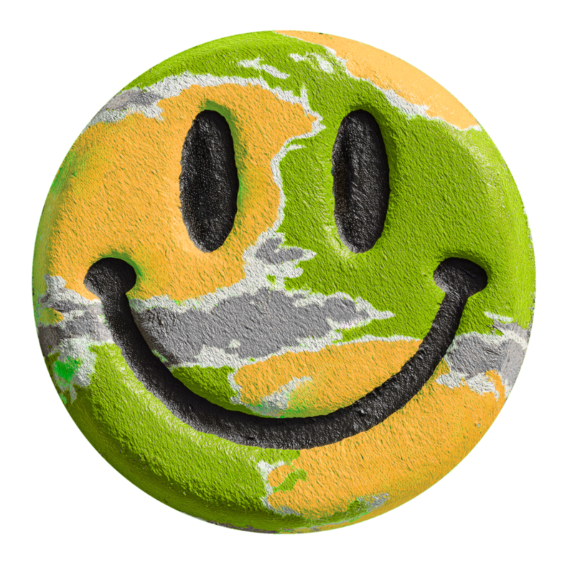 Smiley face rendered with green, yellow, and gray textures to resemble an abstract Earth.