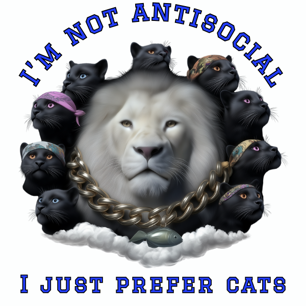 Group of cartoon black cats with different bandanas, standing together around a gold chain and a fish, with bold text above and below.