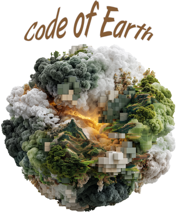 Spherical mass blending lush forests and pixelated digital elements, surrounded by smoky clouds, with "code of Earth" above.
