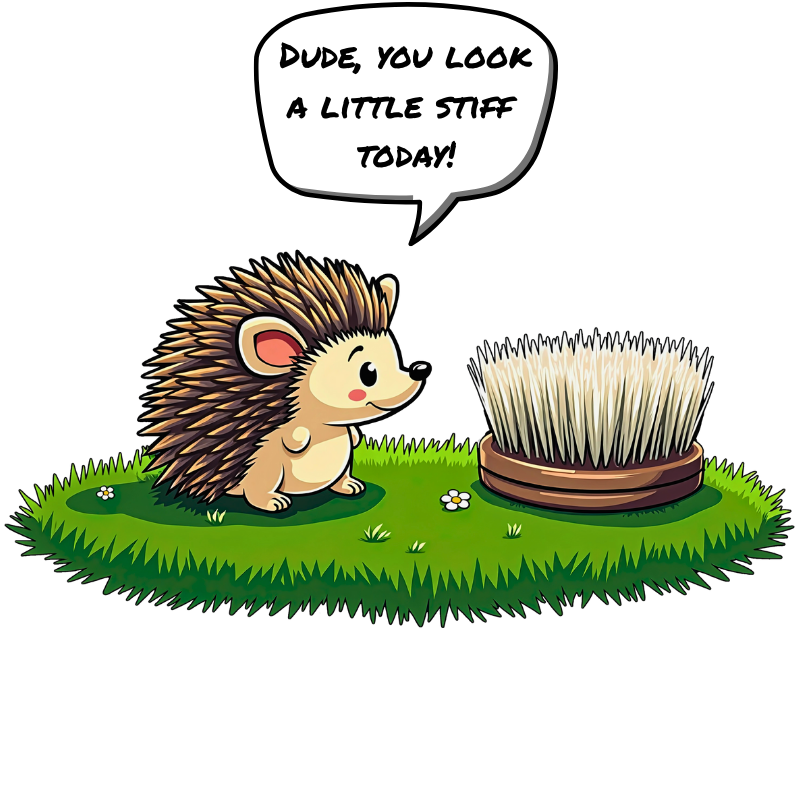 Cartoon hedgehog talking to a round brush, with a speech bubble saying, "Dude, you look a little stiff today!"