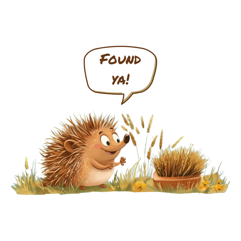 Cartoon hedgehog in a field pointing at a brush and saying, "Found ya!"
