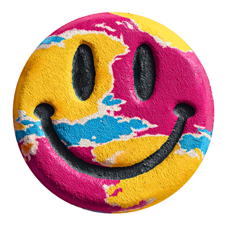 Smiley face with textured pink, yellow, and blue colors, forming an abstract Earth-like appearance.