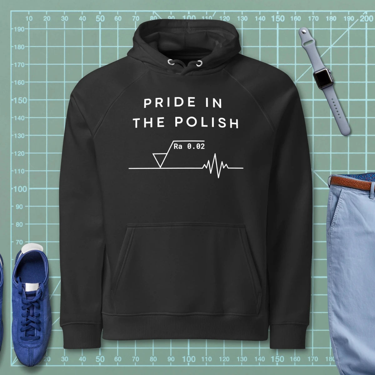 Black organic fleece hoodie with an Ra0.02 finish symbol on a flat line that turns into an ECG.