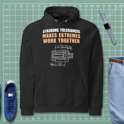 Black eco raglan hoodie featuring a CAD blueprint graphic and stacking tolerances text for engineers.