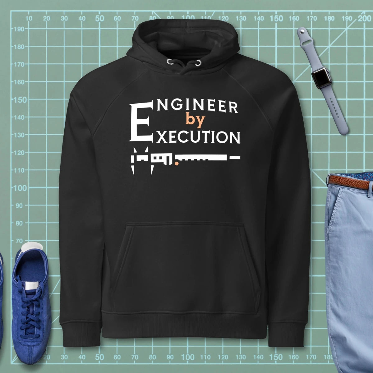 Black organic fleece hoodie “Engineer by Execution” with a caliper.