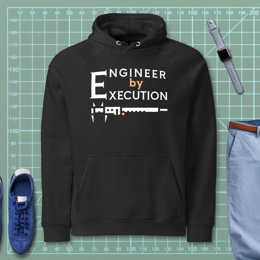 Black organic fleece hoodie “Engineer by Execution” with a caliper.