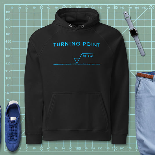 Black hoodie featuring "Turning Point" text and an Ra 6.3 surface finish machining symbol.