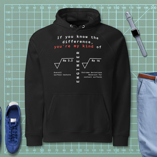 Black hoodie with Ra 3.2 vs Rz 16 roughness symbols and “If you know the difference” text. For STEM