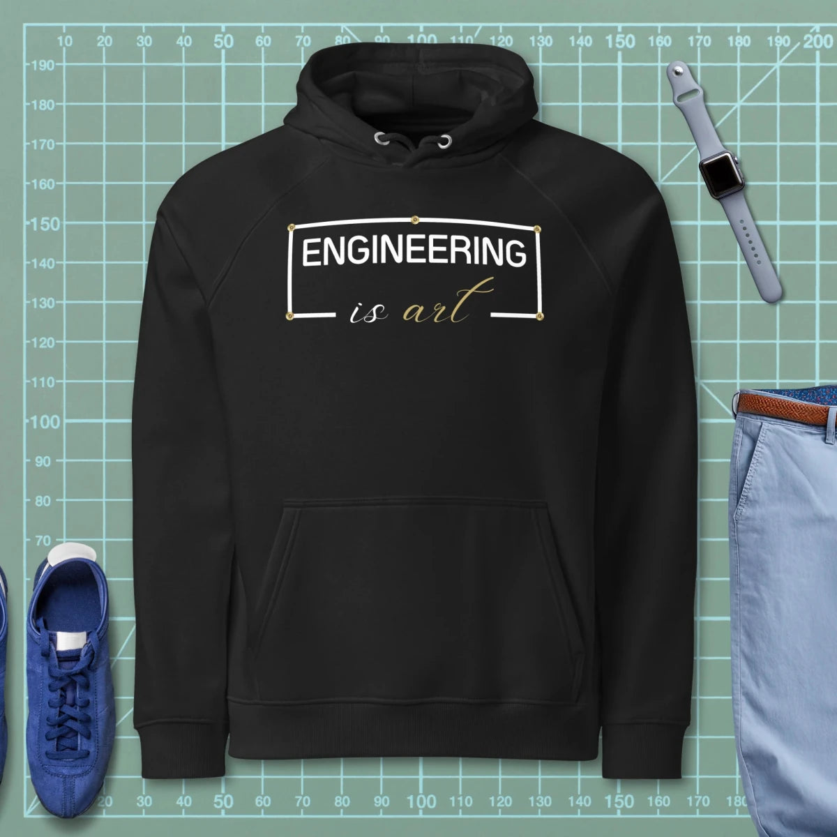 Black hoodie featuring "ENGINEERING IS ART" technical typography design.