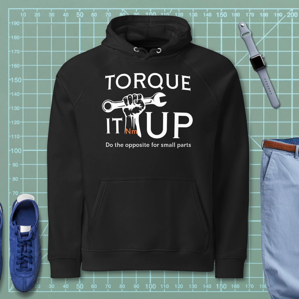 Black hoodie "TORQUE IT UP" with small screw overtighten vs big bolt undertighten warning.