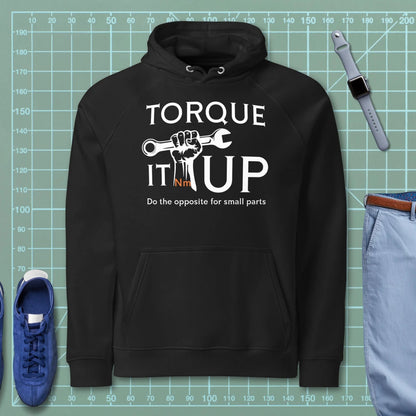 Black hoodie "TORQUE IT UP" with small screw overtighten vs big bolt undertighten warning.