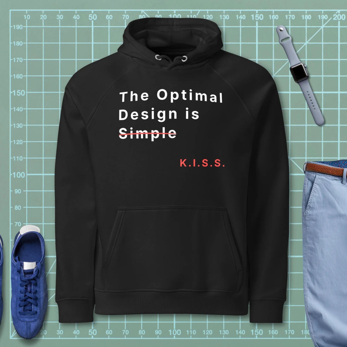 Black hoodie "Optimal Design is Simple" strikethrough to K.I.S.S. engineering graphic.