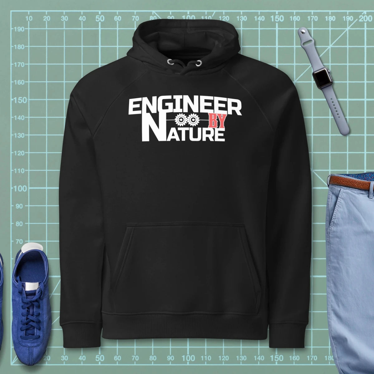 Black hoodie “Engineer by Nature” with two gears for mechanical engineers.