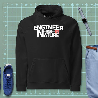 Black hoodie “Engineer by Nature” with two gears for mechanical engineers.