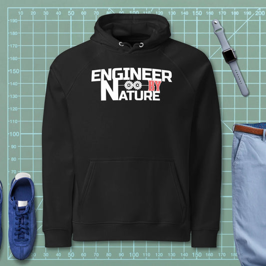 Black hoodie “Engineer by Nature” with two gears for mechanical engineers.