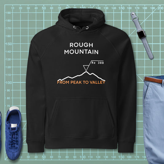 Black hoodie featuring an Rz 300 surface profile mountain graphic and "Peak to Valley" text.