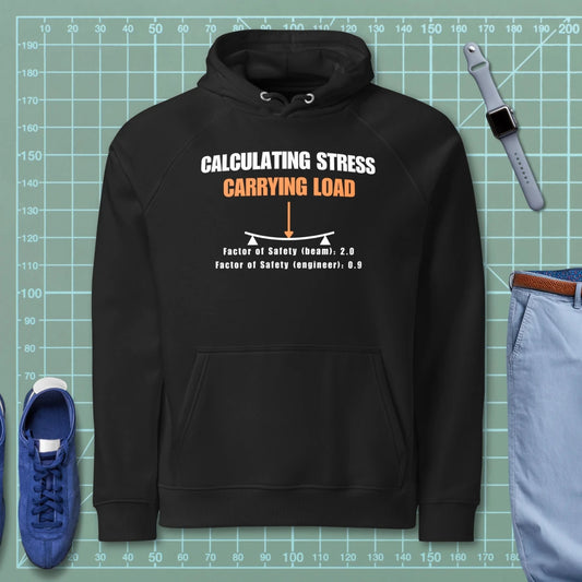 Black hoodie “Calculating Stress Load” with an arrow and a bent beam for mechanics engineers.