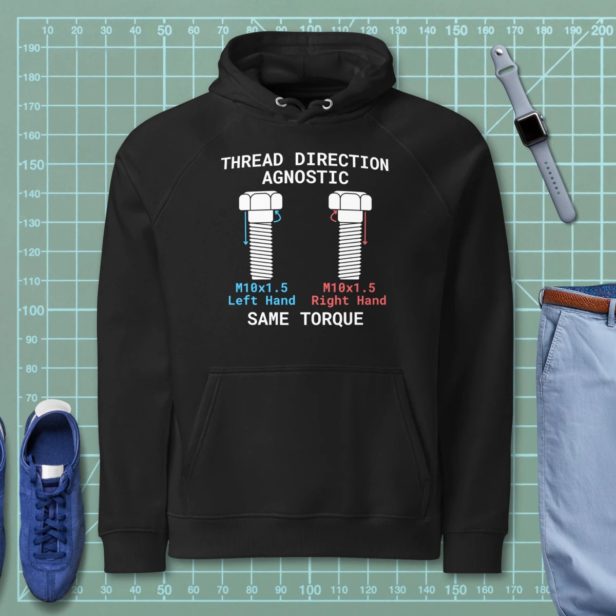 Black hoodie "Thread Direction Agnostic" M10x1.5 LH vs RH bolts same torque for mechanical engineers.