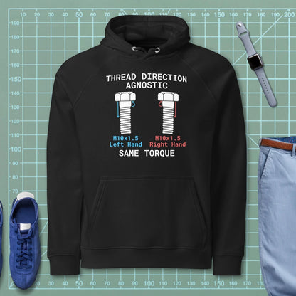 Black hoodie "Thread Direction Agnostic" M10x1.5 LH vs RH bolts same torque for mechanical engineers.