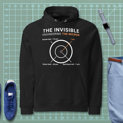 Black hoodie "Engineering the Micron" scale graphic: hair 75µm to 1µm for eng & machinists.