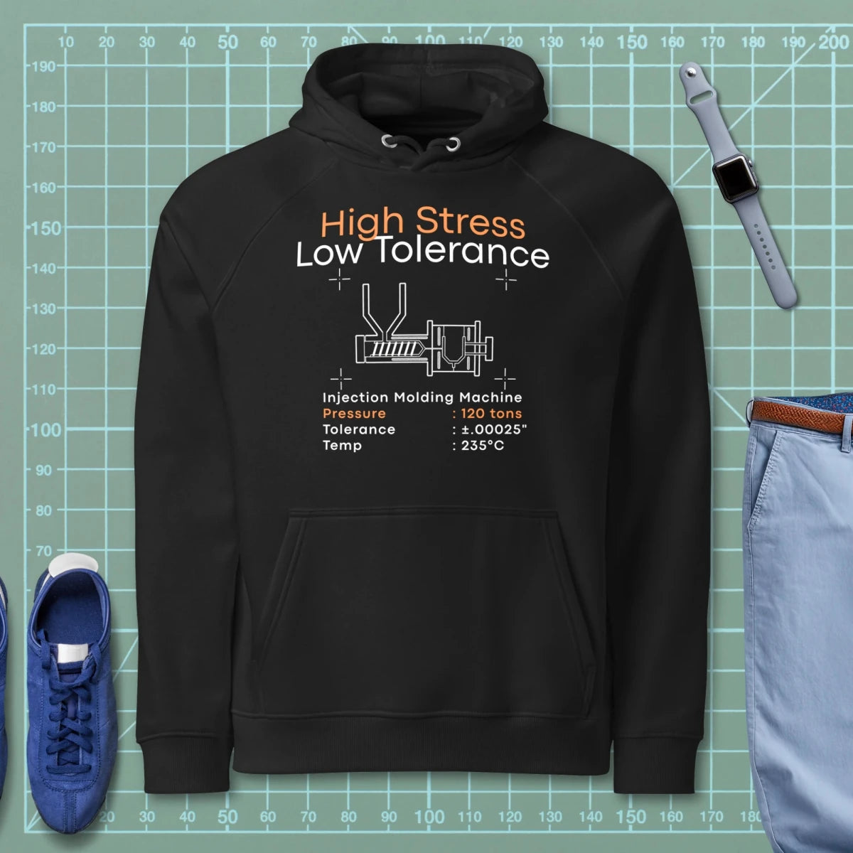 Black hoodie. High Stress Low Tolerance injection molding machine with 120 tons, ±0.00025", 235°C.