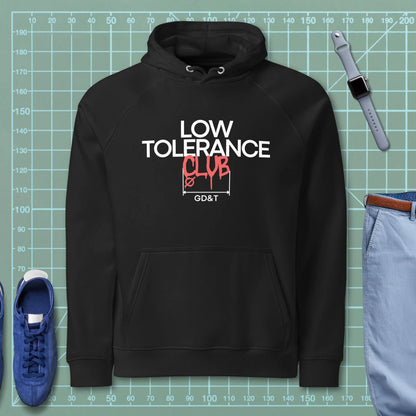 Black hoodie with "LOW TOLERANCE CLUB" dripping precision tolerance numbers graphic.