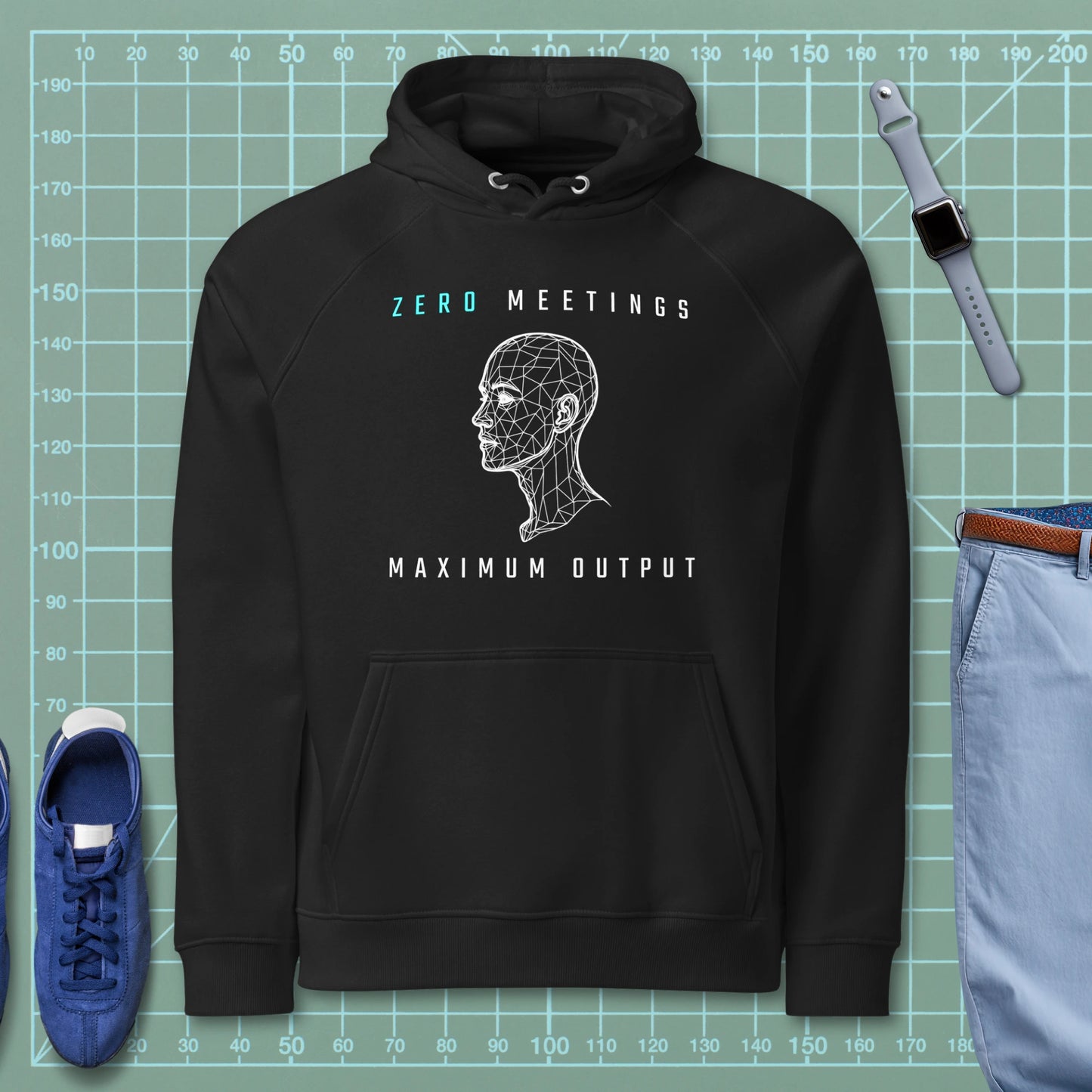 Black hoodie with wireframe head and "Zero Meetings Maximum Output" productivity text. FEA Eng.
