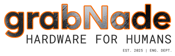 “grabNade, Hardware for Humans” text grey metallic logo bordered in orange, modern e-commerce branding