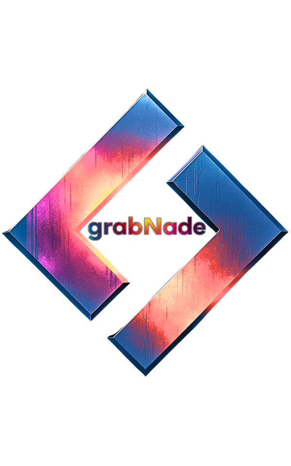 Colorful metallic logo brackets with “grabNade” text, modern e-commerce branding.
