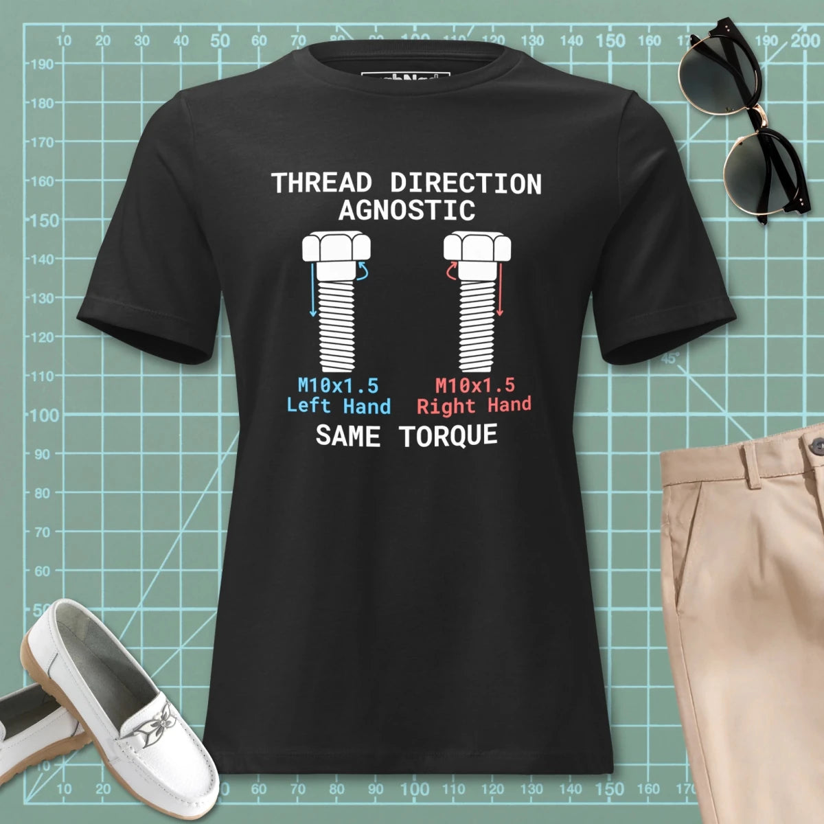 Women's black t-shirt "Thread Direction Agnostic" LH vs RH bolts, same torque for engineers.