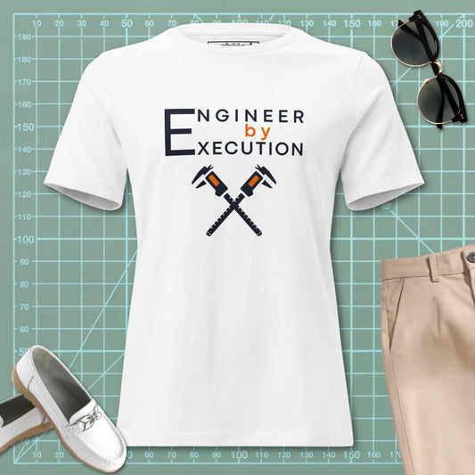 White premium combed ring-spun cotton tee with “Engineer by Execution” text with crossed calipers.