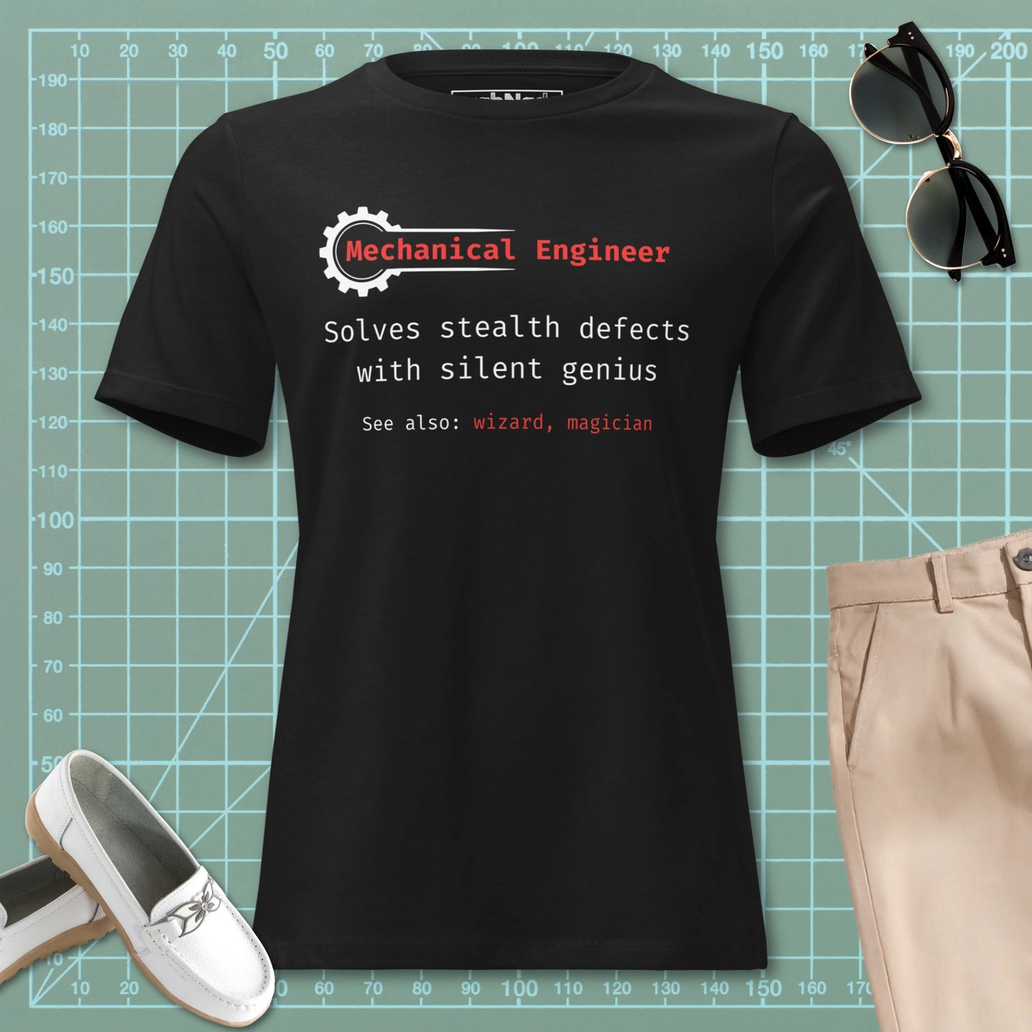 STEM women's cut, black t-shirt with "Mechanical Engineer. Solves stealth defects with silent genius.