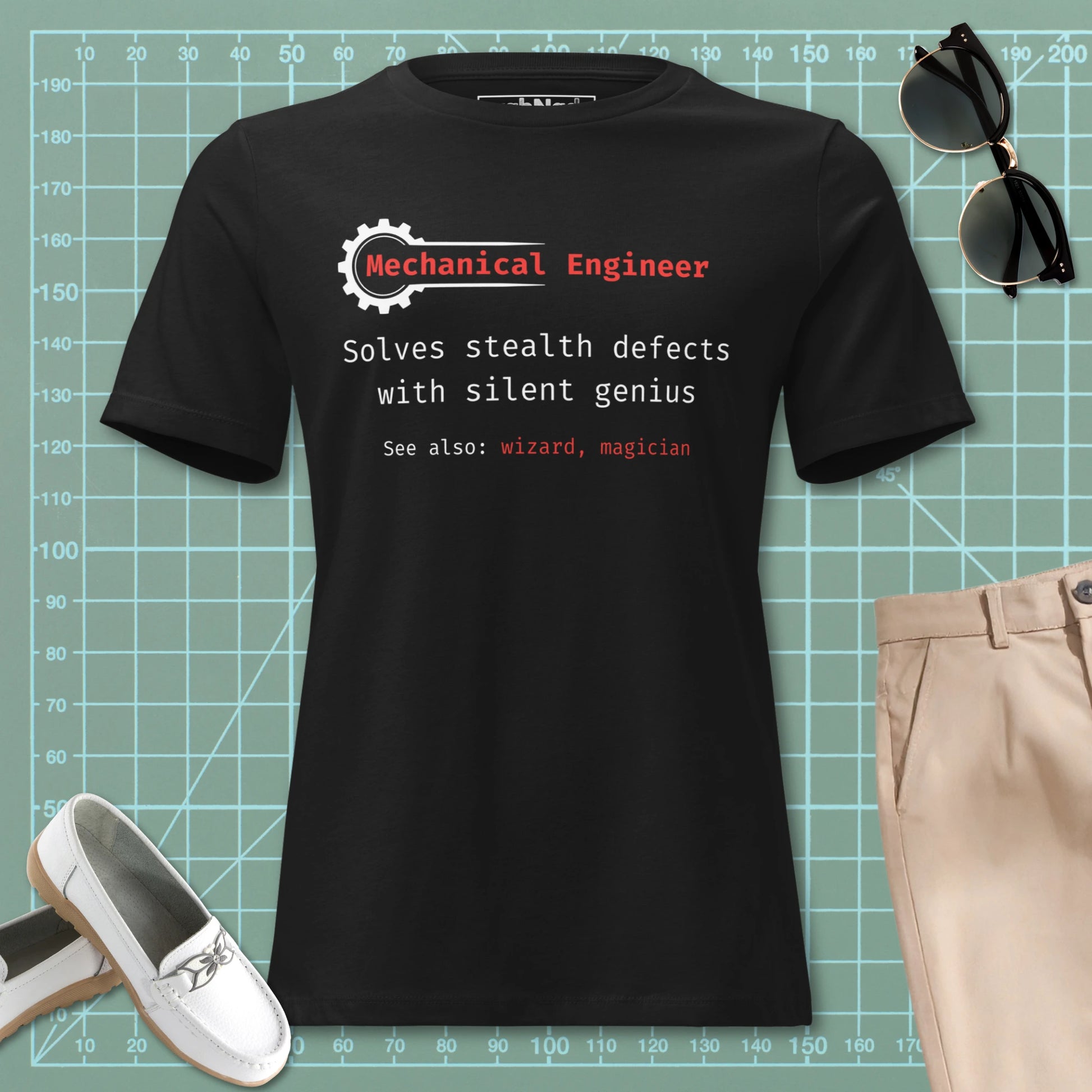 STEM women's cut, black t-shirt with "Mechanical Engineer. Solves stealth defects with silent genius.
