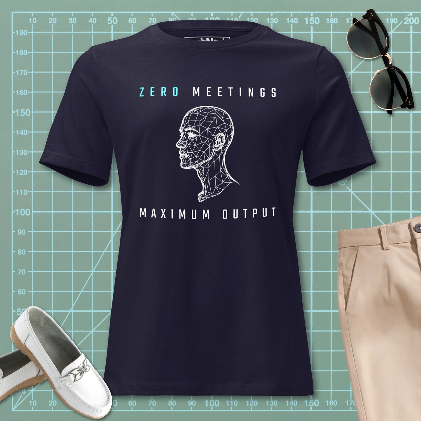 STEM women's cut, navy t-shirt with wireframe head and "Zero Meetings Maximum Output" productivity text.