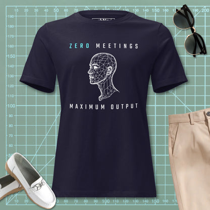 STEM women's cut, navy t-shirt with wireframe head and "Zero Meetings Maximum Output" productivity text.