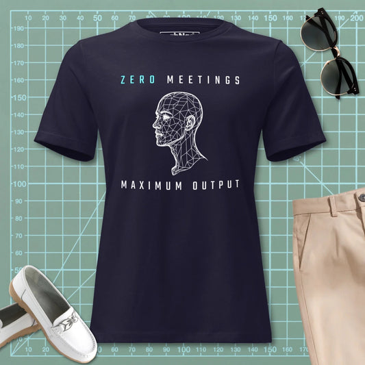 STEM women's cut, navy t-shirt with wireframe head and "Zero Meetings Maximum Output" productivity text.